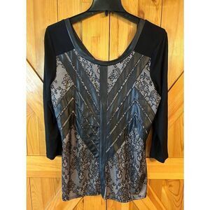 BKE Black Lace Faux Leather V Back Blouse 3/4 Sleeve Size Large (5068)